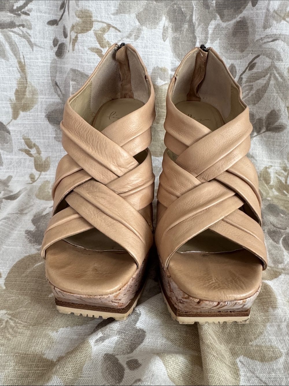 Lisa for Donald J. Pilner Crisscross Platform Cork Wedge Sandals in Nude
